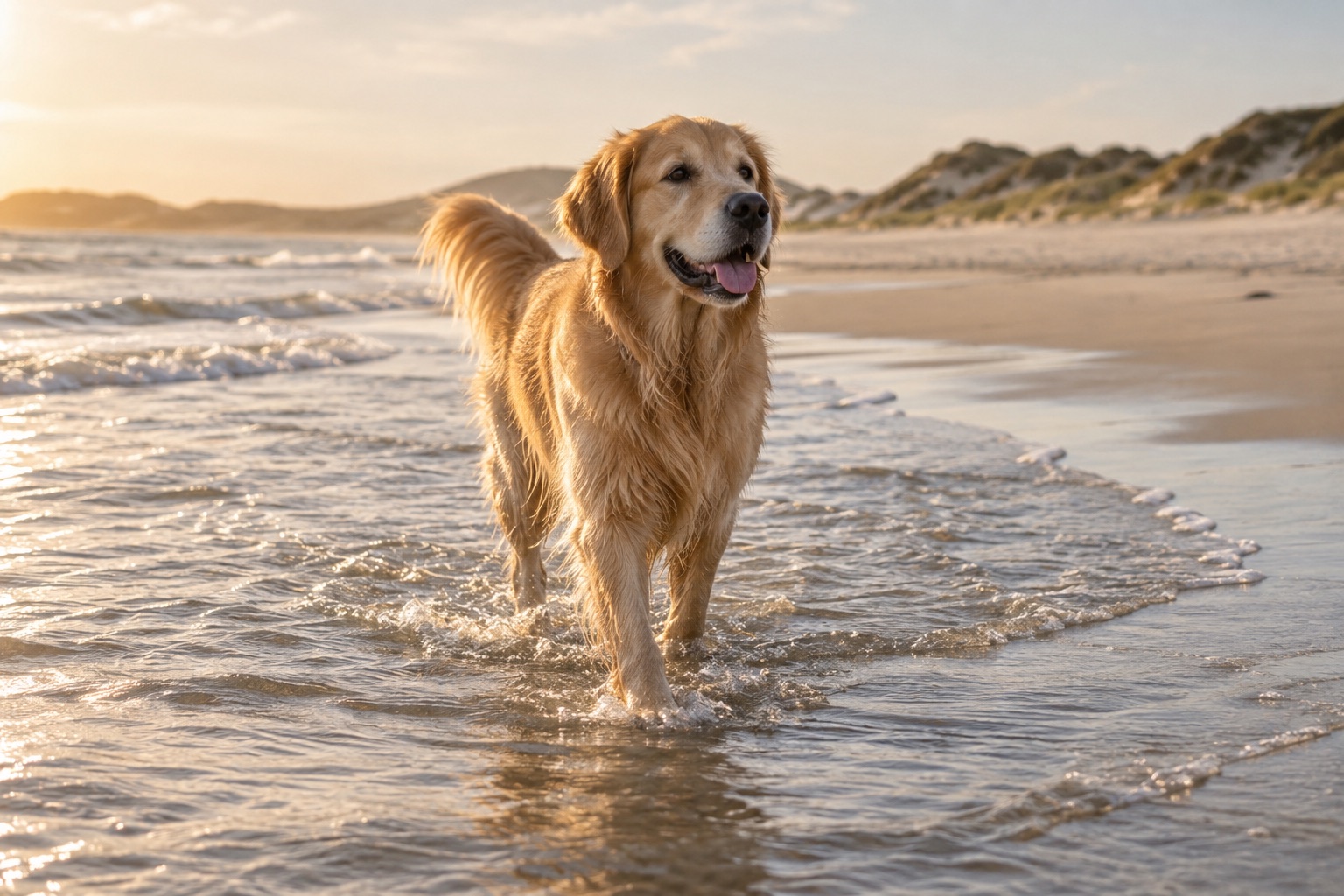 Golden Retriever läuft am ruhigen Meer entlang