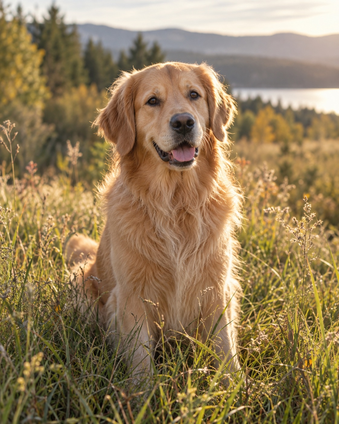 Milo, ein Golden Retriever in einer sonnenbeschienenen Wiese