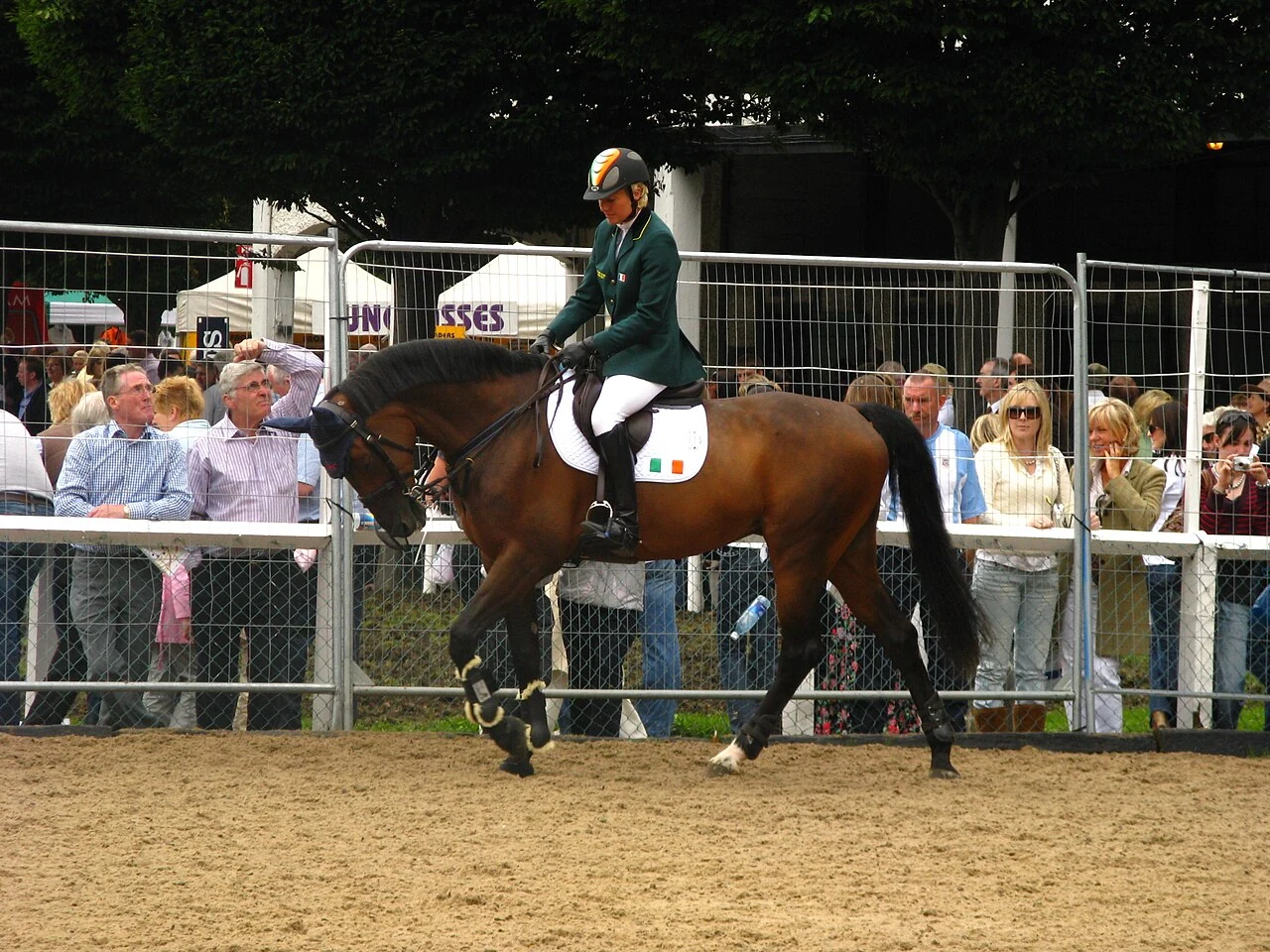 Jessica Kürten with the Westphalian horse Castle Forbes Libertina in a warm-up arena in Dublin.